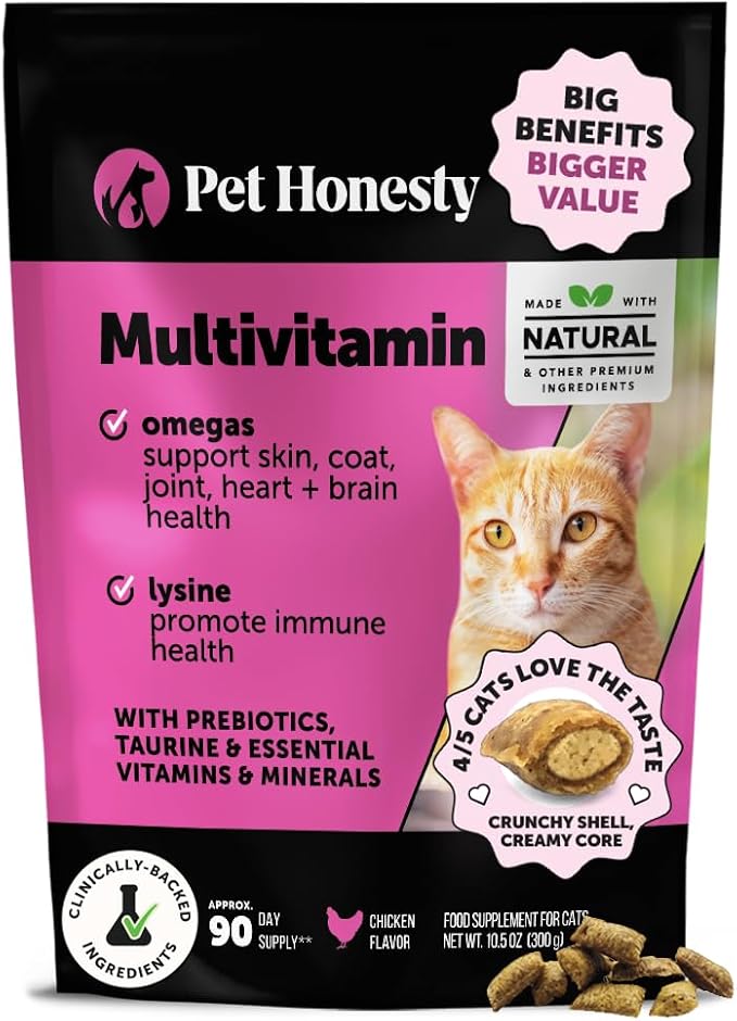 Cat Multivitamin Crunchy & Creamy Chews - Cat Treats for Health + Immune, Joint Support, Skin & Coat, & Digestion - Vitamins with Omega 3s, Lysine & Probiotics (30 Day Supply)