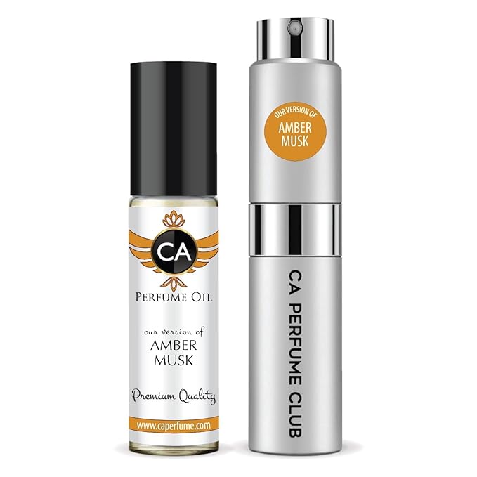 CA Perfume Duo Impression of Amber Musk For Women And Men Perfume Layering Set Long Lasting Travel Size EDP + Body Oil Roll-On Bottle 0.27 Fl Oz+0.33 Fl Oz