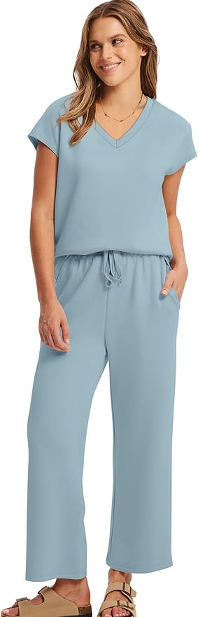 Saloogoe Two Piece Sets for Women Summer Outfits Lounge Sets V Neck Tops Wide Leg Pants Woman Vacation Travel Outfits