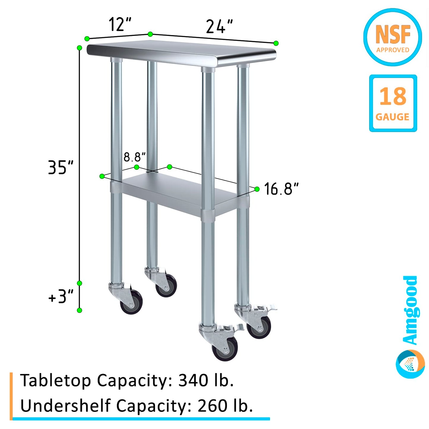 AmGood 24 in. x 12 in. Stainless Steel Work Table with Wheels | Metal Kitchen Food Prep Table | NSF