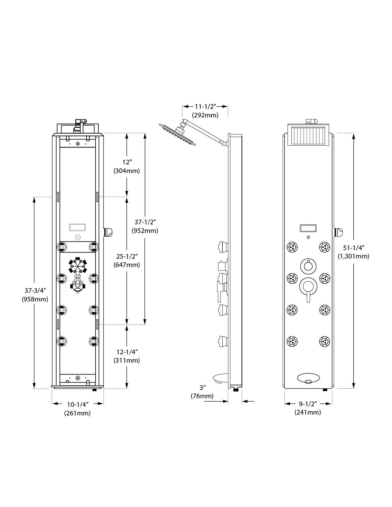 Blue Ocean 52" Aluminum SPA392B Shower Panel Tower System with Rainfall Shower Head and 8 Adjustable Massage Jets (Matte Black)