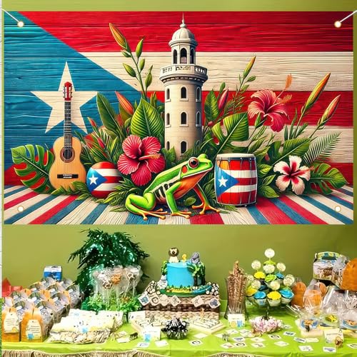 HOMETITUTE Puerto Rico Flag Frog Banner Indoor Outdoor Party Decor Backdrop 71x43 Inch Festivals Wall Banner Hibiscus and ...