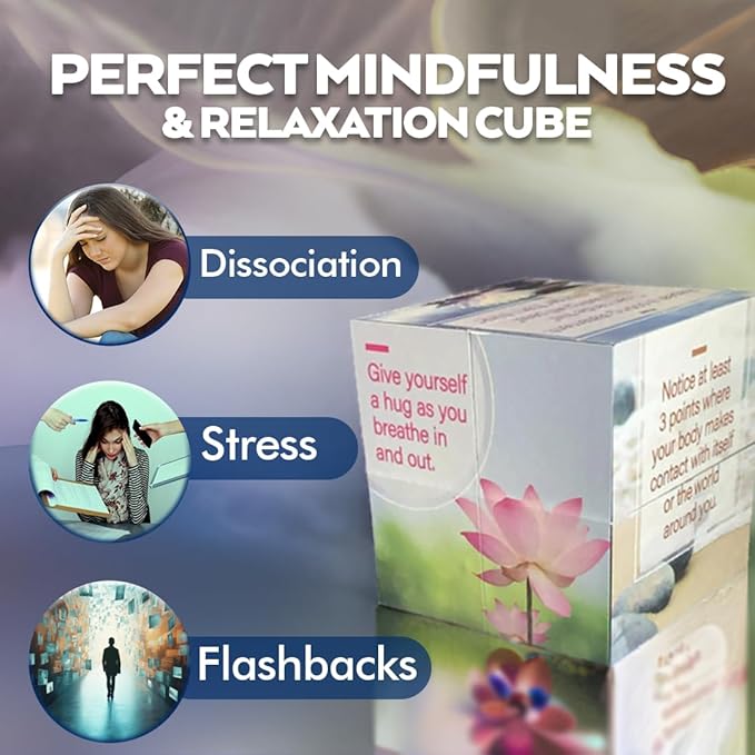 Visual Mindful Meditation Grounding Cube - Mindfulness Cube for Overcoming Anxiety, Dissociation, Emotional Pain, Stress, & Addiction | 9 Stress Relief Techniques for Emotional Support