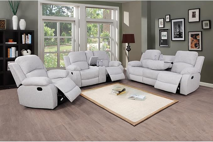 A Ainehome Living Room Furniture Set 3 Pieces Grey Microfiber Recliner Sofa Set Loveseat Chair Furniture Sofa Set for Living Room/Rv/House/Office/Theater Seating (A-Grey White Microfiber,3 Piece Set)