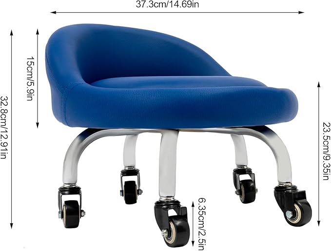 DouSeiAi Rolling Stool with Backrest 220 Lbs High Weight Capacity Foam Roller Seat and 5 Universal Wheels for Men Women Boy Girl Furniture Gift, Home Office, (Blue)