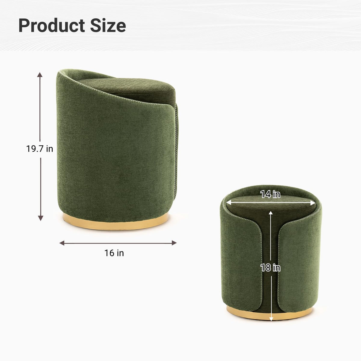 DRKAT Swivel Vanity Stool with Gold Base Comfy Vanity Chair Modern Round Stool for Makeup Vanity Ottoman Foot Rest for Bedroom livingroom (Green)