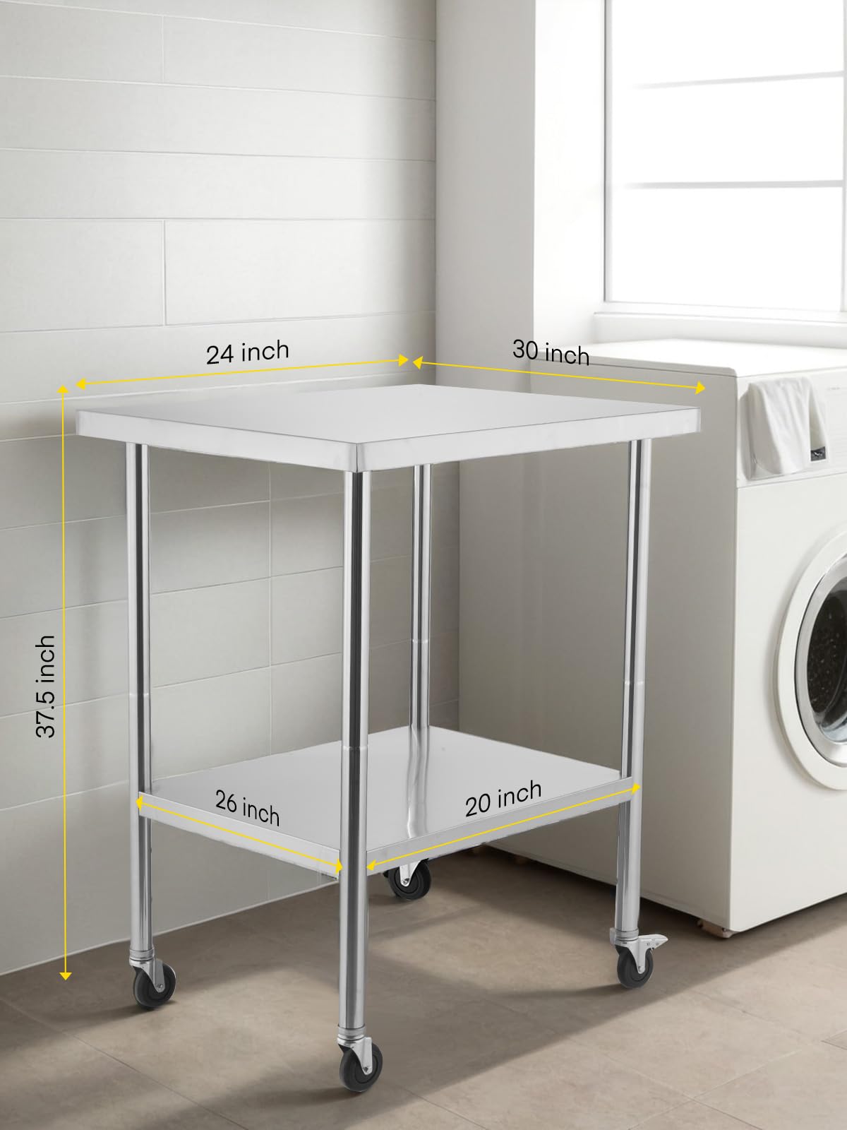 Stainless Steel Table for Prep & Work, with Caster Wheels, Two with Brakes, Metal Table for Commercial Restaurant, Warehouse and Hotel (24 x 30 Inches)