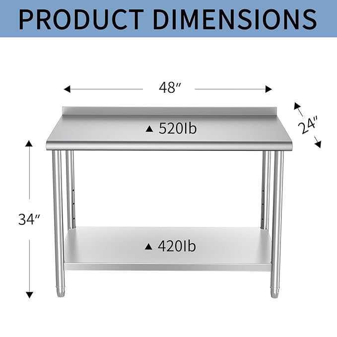 Mioleu Commercial Stainless Steel Table 48 x 24 Inches Heavy Duty Prep & Work Metal Desk with Blacksplash & Adjustable Undershelf for Kitchen Restaurant Home Garage Warehouse