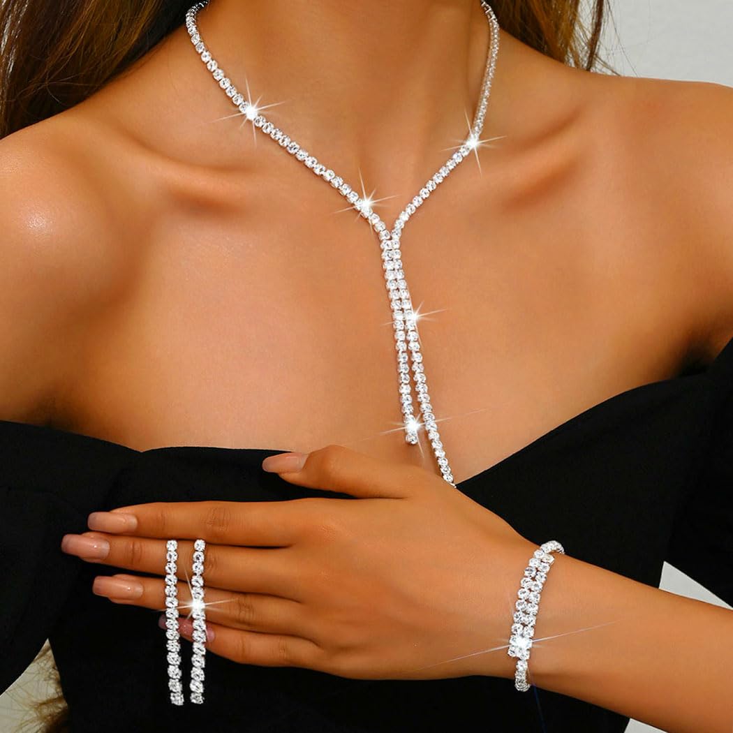 Unicra Silver Bridal Wedding Jewelry Sets Rhinestone Necklace Earrings Bracelet Set Prom Formal Costume Jewelry Sets for Women a