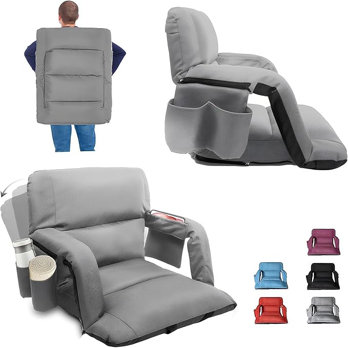Stadium Seats with Back Support ,Wide Stadium Chairs with Back and Cushion, Sofa Style Bleacher Chairs, 6 Reclining Positions, Extra Thick Bleacher Seat for Sports Events (Grey-1 Pack,Wide|22.5")