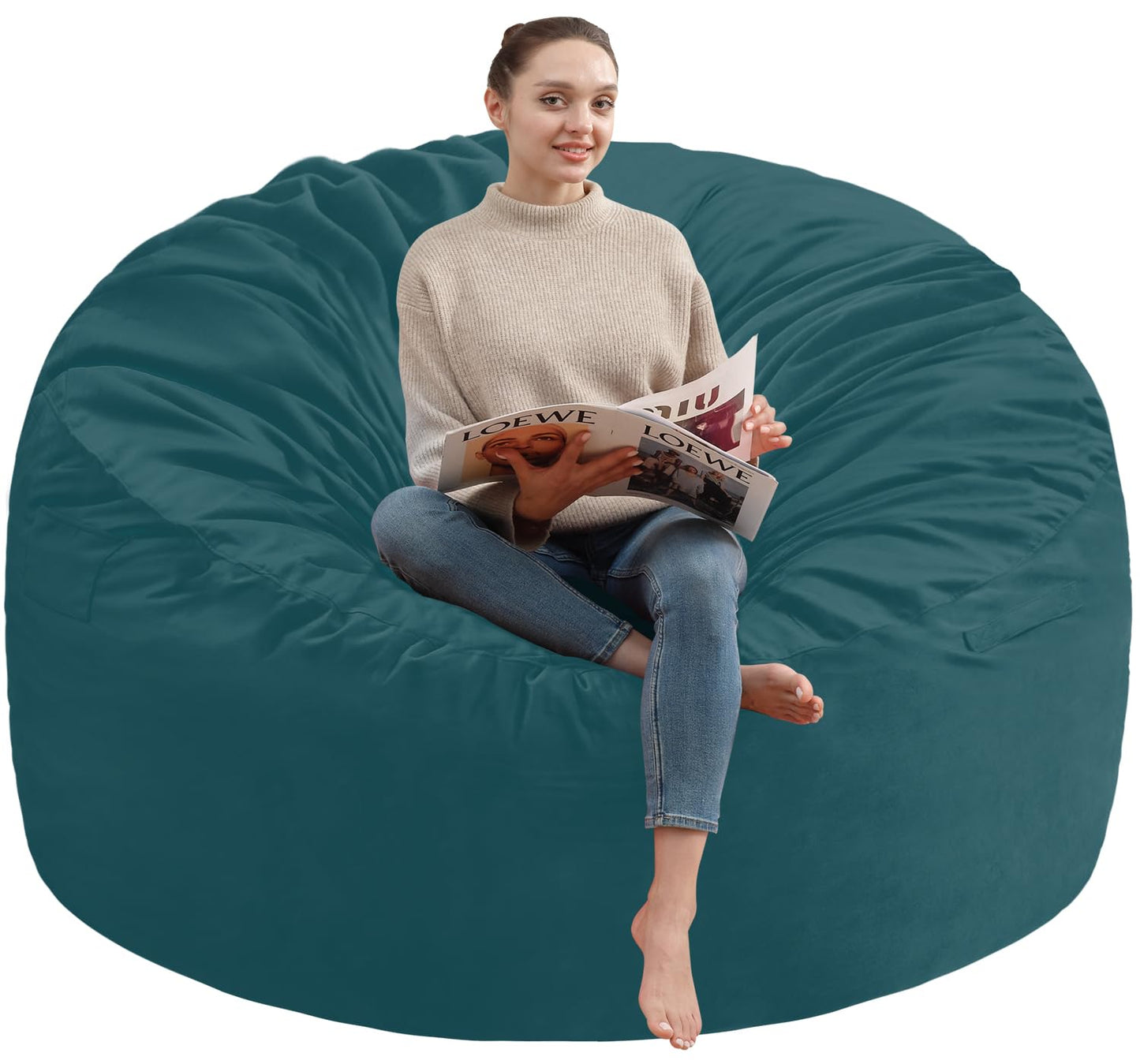 SIMFLAG 5FT Bean Bag Chair, Large Bean Bag Chairs with Memory Foam Filled, Fluffy Beanbag Sofa with Dutch Velvet Cover, Round BeanBag Chairs for Living Room, Playroom- Sea Blue