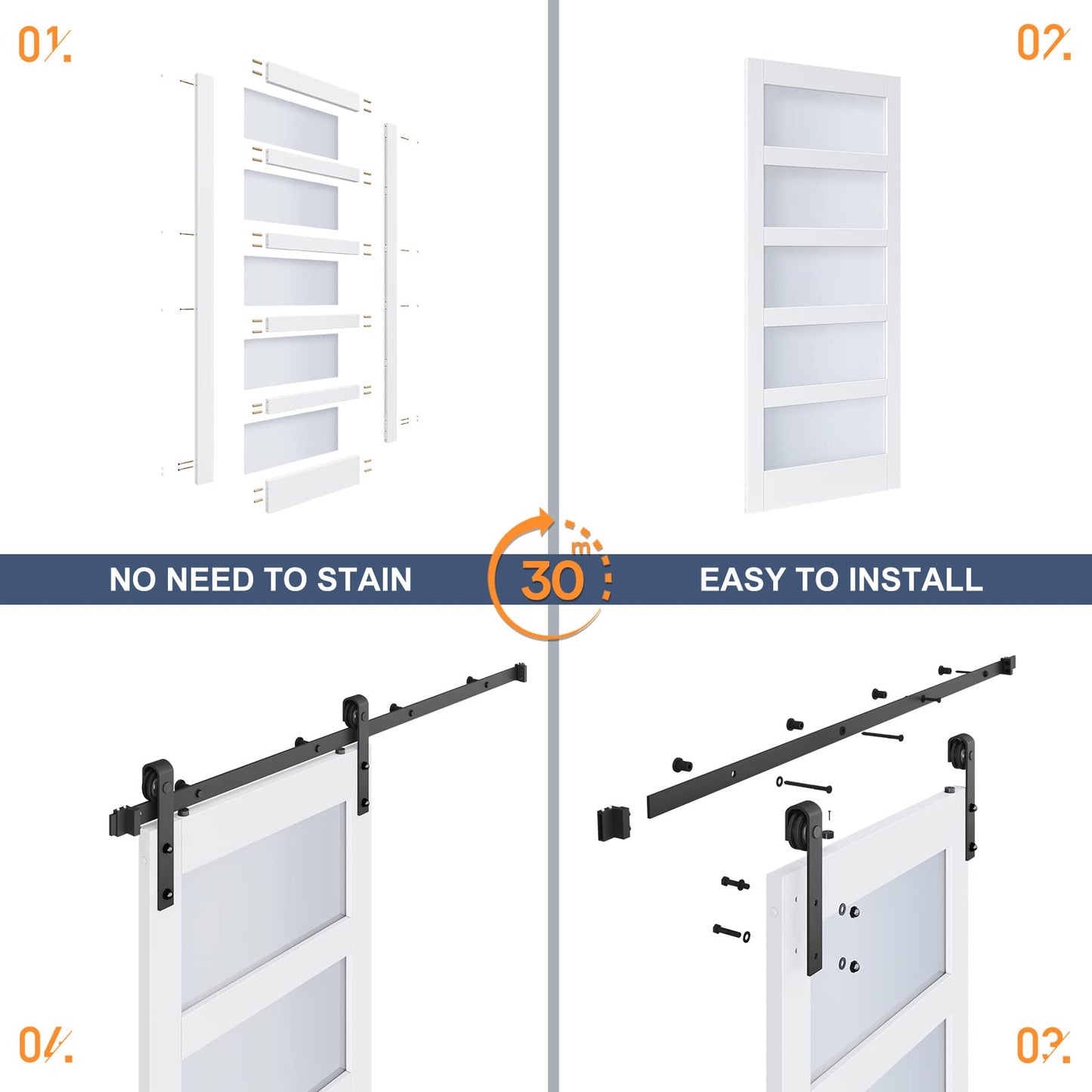 ROYMELO 36x84 Inch Glass Sliding Barn Door Slab and 6.6ft Hardware Kit Included, 5 Frosted Glass, LVL Wood Panel Covered with White Water-Proof Scratch-Proof PVC Surface, Simple DIY Assembly
