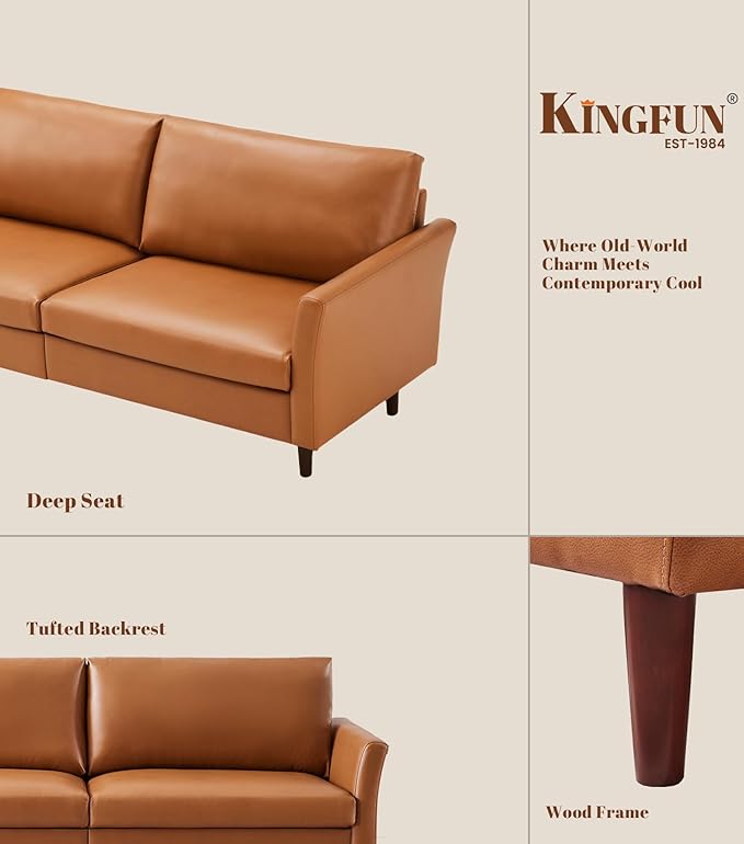 Kingfun Faux Leather 3 Seat Couch for Living Room, Mid Century Modern Sofa with Rolled Arms and Deep Seats, Fluffy Comfort for Apartment, Easy to Assemble, Mid Brown