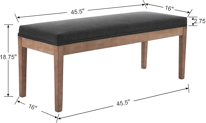 DM Furniture Linen Dining Bench Upholstered Entryway Bench Farmhouse Shoe Bench Seat Ottoman for Hallway Living Room Bedroom End of Bed Dining Room Kitchen, 45.5" Long, Charcoal