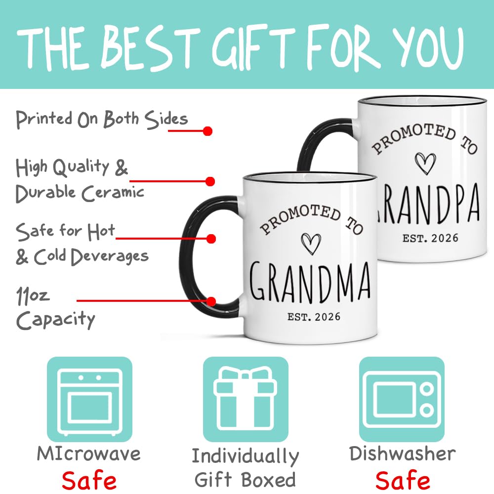 Gououoii Promoted to Grandma & Grandpa Est 2026 Mug Set - Grandparents Mug - Pregnancy Reveal Mugs - Grandparents Baby Announcement Birthday Gift