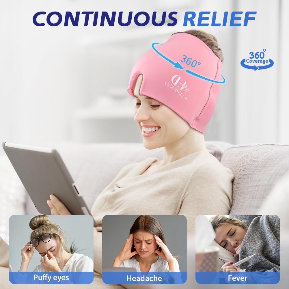 2Pcs Migraine Relief Cap, Soothing Headache Ice Face Mask Products, Hot and Cold Therapy, Migraine Headache Relief Cap for Migraine, Sinus, Puffy Eyes, Tension, Stress and Hangover (2Pink)