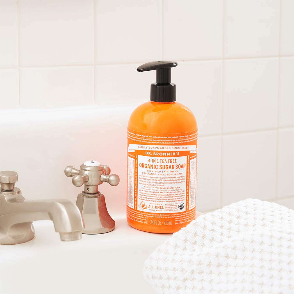 Dr. Bronner's - Organic Sugar Soap (Tea Tree, 24 Ounce) - Made with Organic Oils, Sugar and Shikakai Powder, 4-in-1 Uses: Hands,