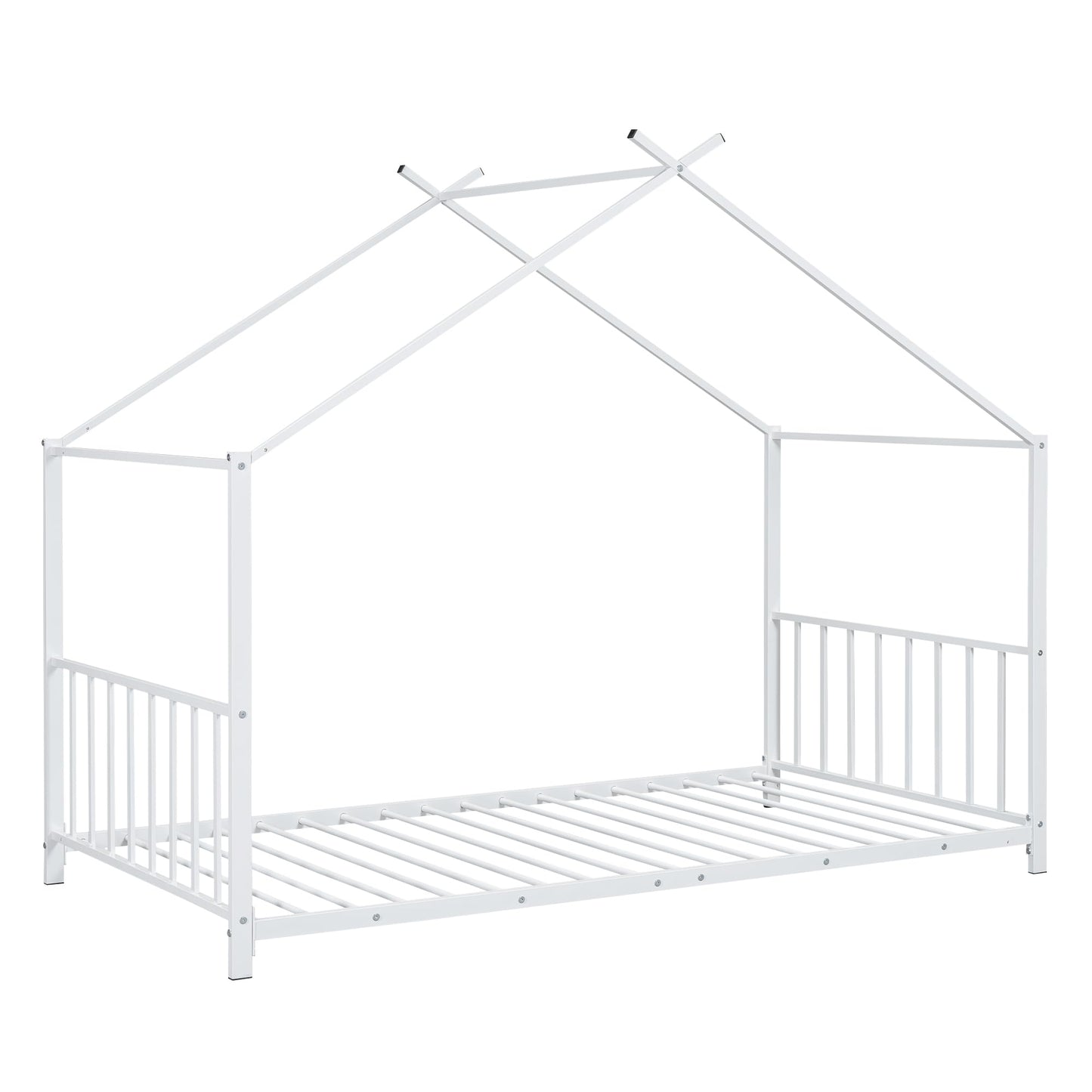 Twin Size Kids Montessori Floor Bed,House Bed Frame with High Headboard,Twin Floor Bed with Roof for Boys Girls,Floor Bed Metal Frame (White)