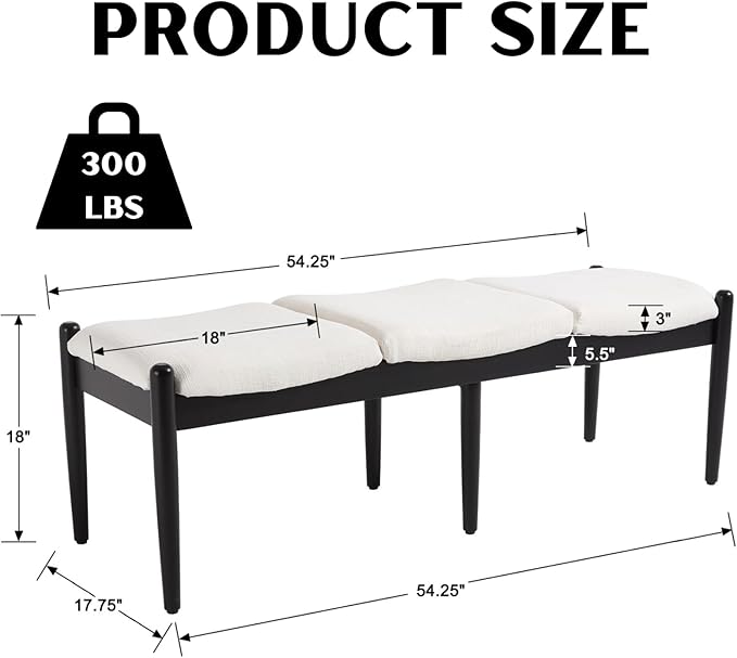 RIVOVA 54.25" Modern Ottoman Bench Upholstered Linen Bedroom End of Bed Bench Boho Bench Long Seating Bench Entryway Stool with Wood Legs for Living Room/Foyer, White