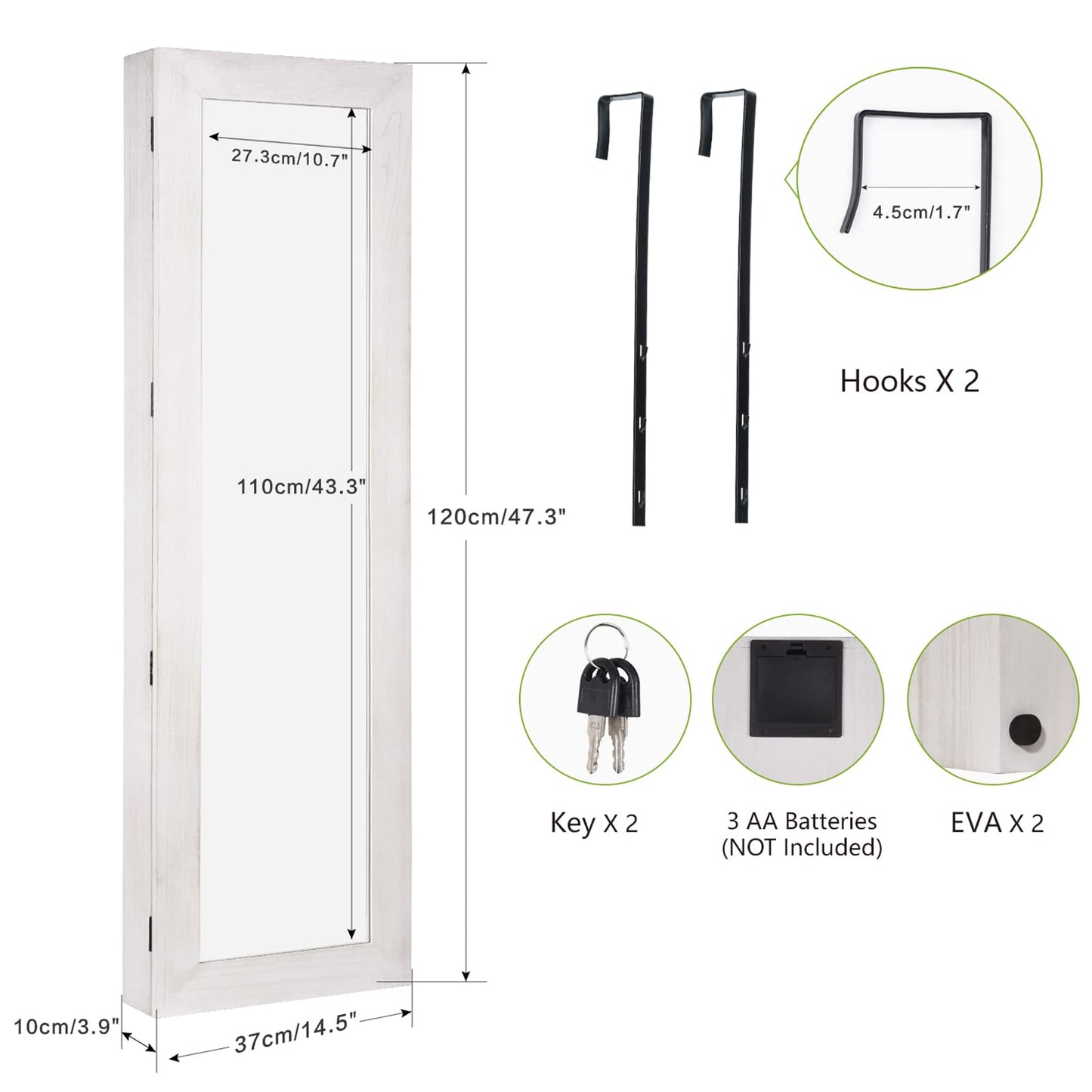 SRIWATANA Jewelry Armoire Cabinet, Solid Wood Jewelry Organizer with Full Length Mirror Wall/Door Mounted(Washed White)