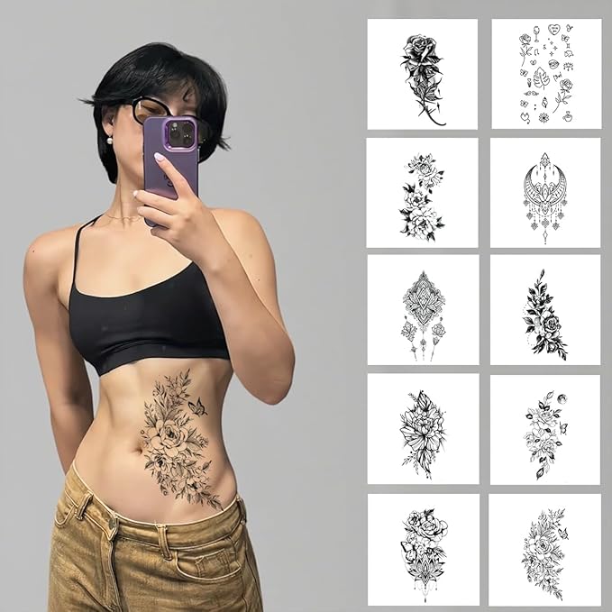Waterproof Temporary Tattoos, Realistic Designs - 10 Pcs Set, Various Solid Color Floral Patterns