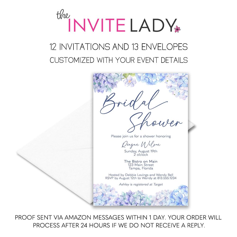 Hydrangea Bridal Shower Invitations Personalized With Envelopes Wedding Floral Invites (12 count)