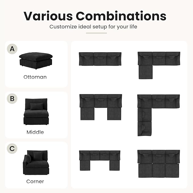 Cloud Modular Sectional Sofa Couch for Livingroom,119inch Down Filled L Shaped Couch with Wide Seat,Convertible Sectional Sofa with Ottoman,Covers Washable&Replaceable,Black