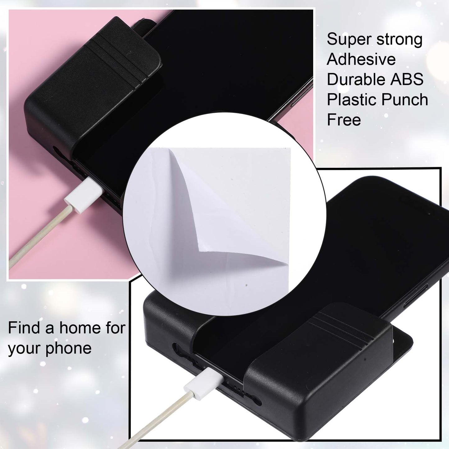 2 Pack Wall Mounted Phone Holder, Phone Stand Self Adhesive With Charging Hole, Compatible With All Smartphone Phones Cradle Bed
