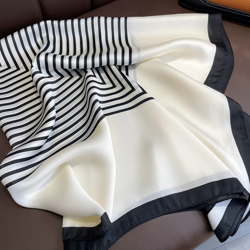 FairyCity Luxury Silk Square Scarf, Black and White Striped Pattern, Classic Geometric Design 35 inches