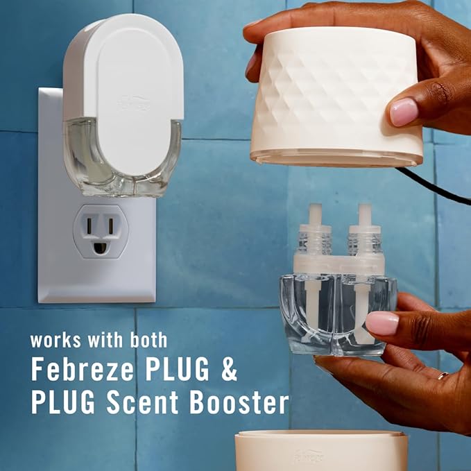 Febreze Plug Scent Booster Continuous Scent Device Oil Diffuser + Compatible Plug in Air Freshener, Odor-Fighting Scented Oil Refills, Holiday Mix
