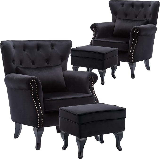 chairus Mid-Century Modern Accent Chairs with Ottoman Set of 2, Comfy Velvet Single Sofa Chair Button Tufted Wingback Armchairs with Pillow for Living Room/Bedroom/Club - Black