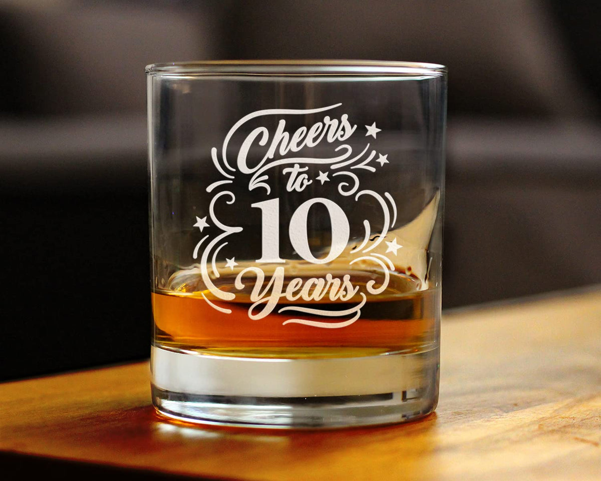 Bevvee Cheers to 10 Years - Whiskey Rocks Glass Gifts for Women & Men - 10th Anniversary Party Decor - 10.25 Oz Glass