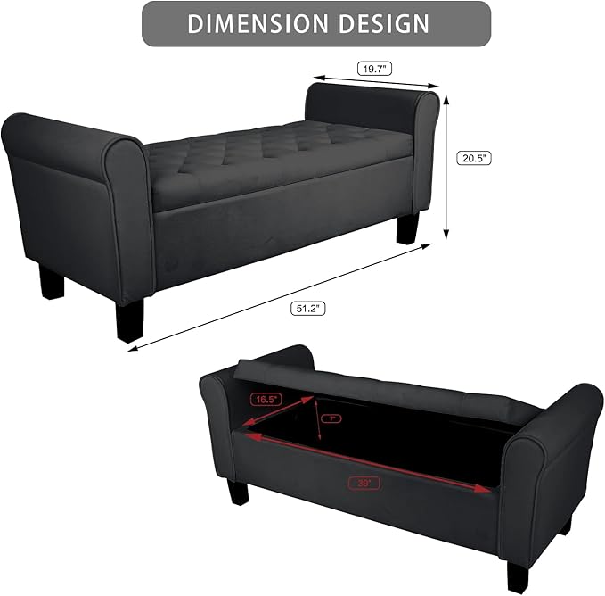 Babion Storage Bench for Bedroom End of Bed, Button Tufted Storage Ottoman Bench 51 Inch, End of Bed Storage Bench with Upholstered, Rolled Arm Window Bench Seat with Solid Wood Legs, Black