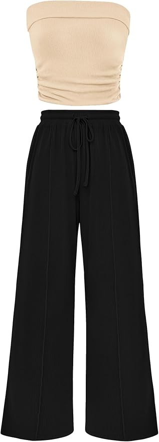 PRETTYGARDEN Womens Summer Outfits 2 Piece Sets Casual Ribbed Knit Crop Tube Top Wide Leg Pants Spring Matching Lounge Set