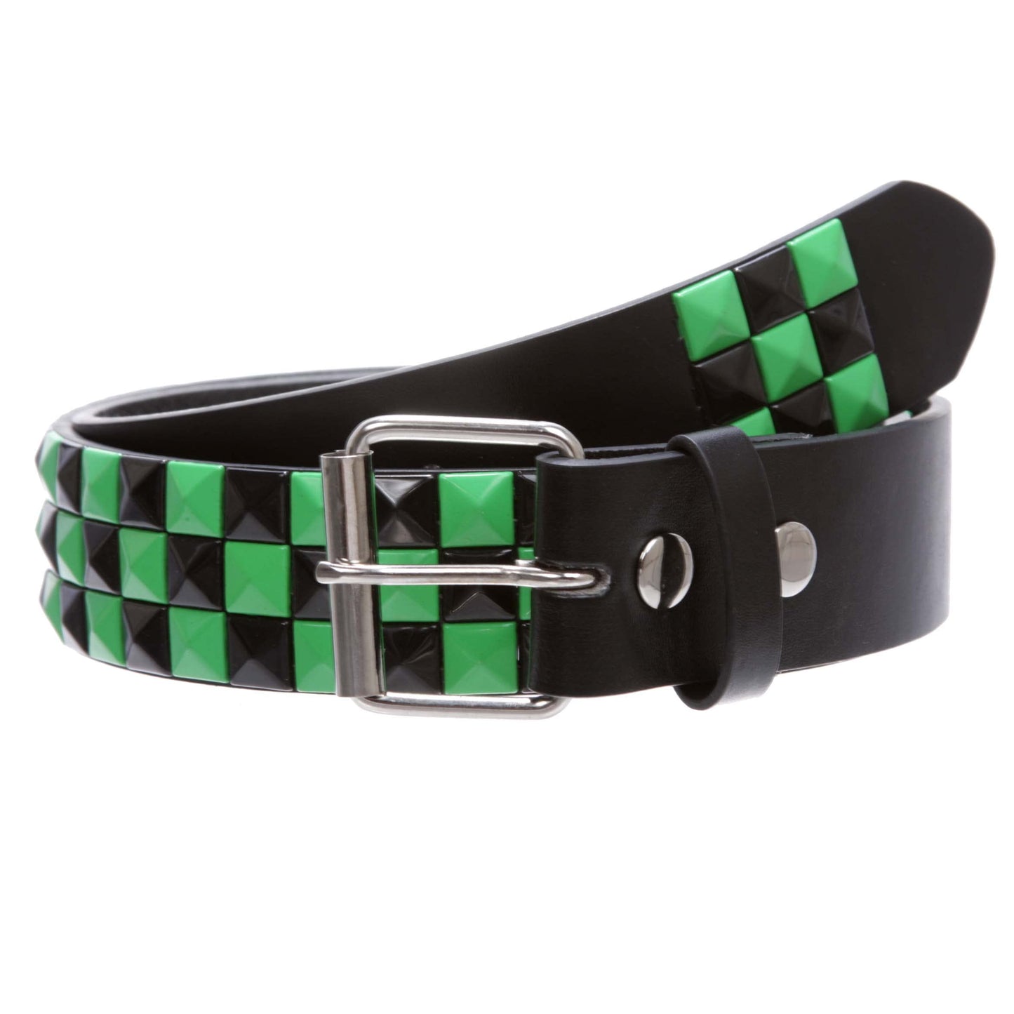 Snap On Punk Rock Black & Green Star Studded Checker Board Leather Belt, Black/Green | xs 27"-29"