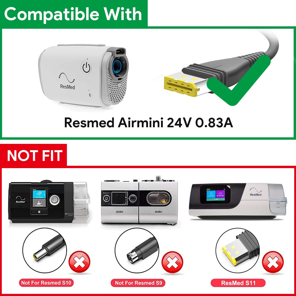 KFD Replacement Resmed AirMini Charger 24V 0.83A AC Adapter Compatible with Resmed Airmini AutoSet CPAP Power Cord 20W 38831 38839 CPAP Machine ResMed Air Mini Supplies Airmini Power Supply Cord Cable