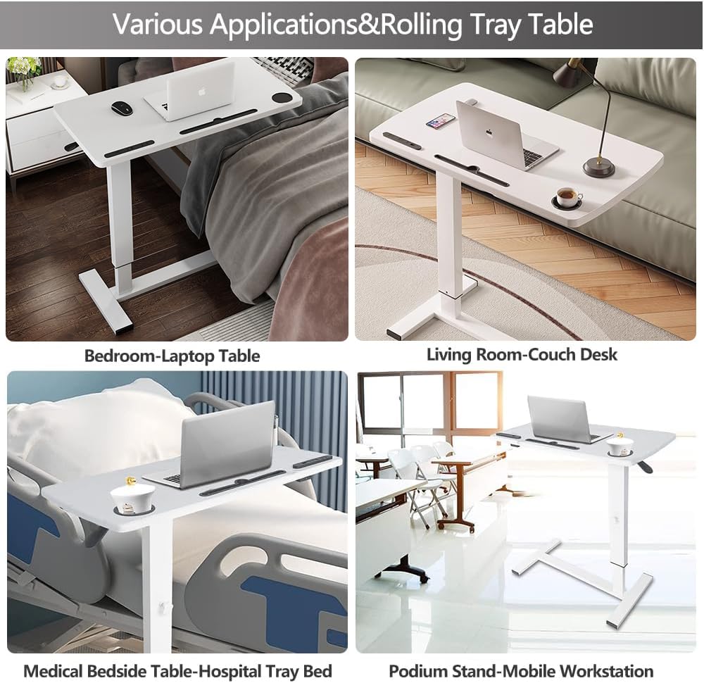 BeGyoku Overbed Table,Hospital Bed Table,Pneumatic Bed Tables Adjustable Over The Bed with Hidden Wheels&USB Port,Mobile Laptop Table Cart and Rolling Bedside Table with Tray Hospital Home Use-White1