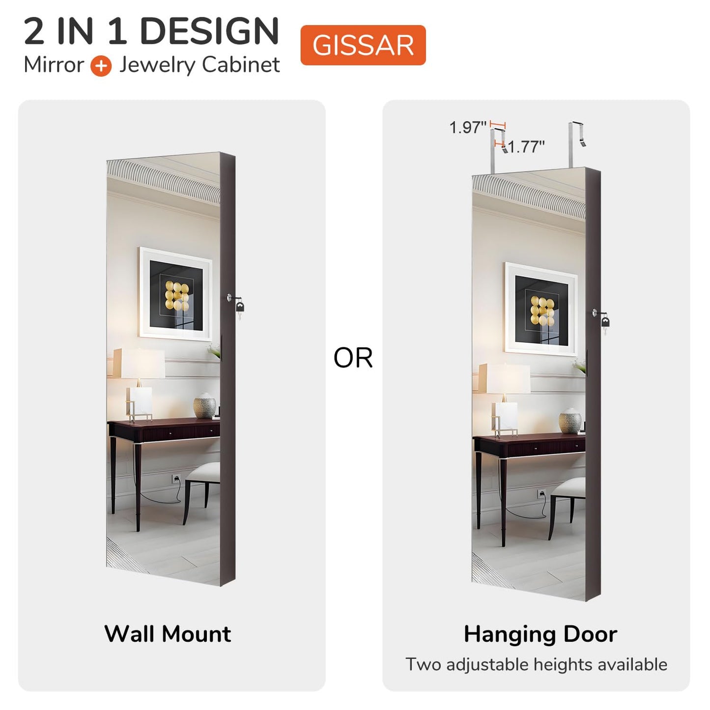 GISSAR Full Length Mirror Jewelry Cabinet, 6 LEDs Jewelry Armoire Wall Mounted Over The Door Hanging, Jewelry Organizer Storage with Lights Lockable, Brown, 14.6" x 47.2"
