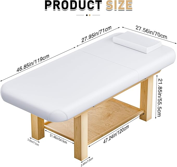 28in Wide Massage Table with 1500lbs Weight Capacity, Wooden Base, Massage Bed Adjustable Backrest for Professional & Home Use, Spa Treatment Table for Relaxation and Therapy，White
