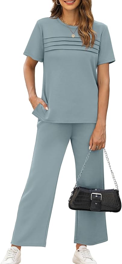 WIHOLL Two Piece Sets for Women Summer Travel Vacation Outfits Short Sleeve Lounge Sets Side Slit Wide Leg Pants S-3XL