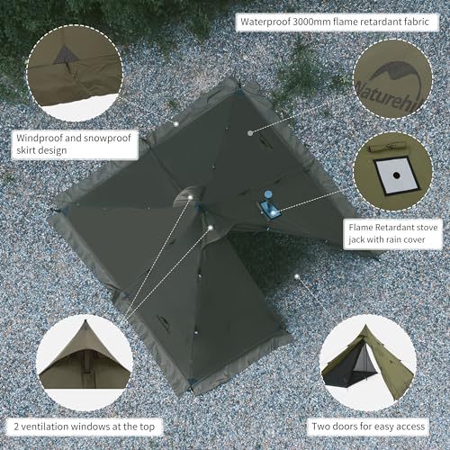 Naturehike Ranch Fire 4 Season Teepee Tent, 2 Person Hot Tent with Stove Jack, Windproof Waterproof Cold Weather Winter Te...