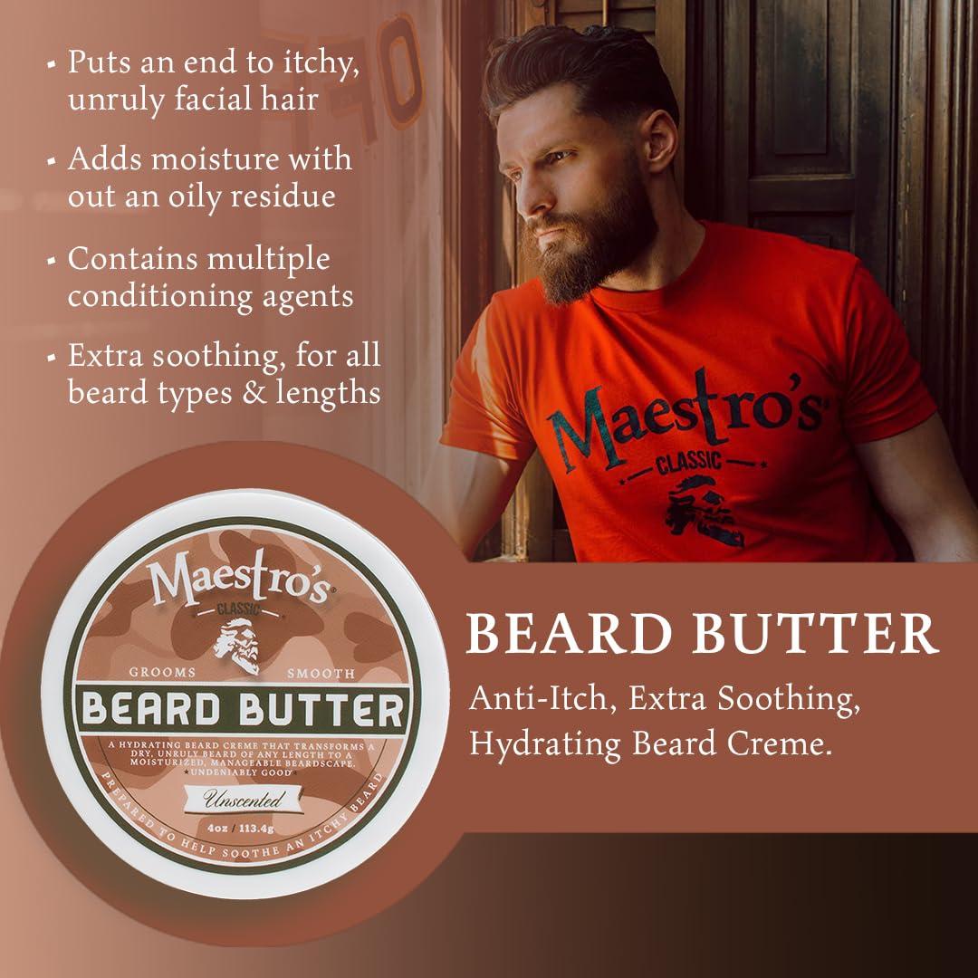 Maestros Classic BEARD BUTTER | Anti-Itch, Extra Soothing, Hydrating Beard Creme For All Beard Types & Lengths- Unscented, 4 Oun
