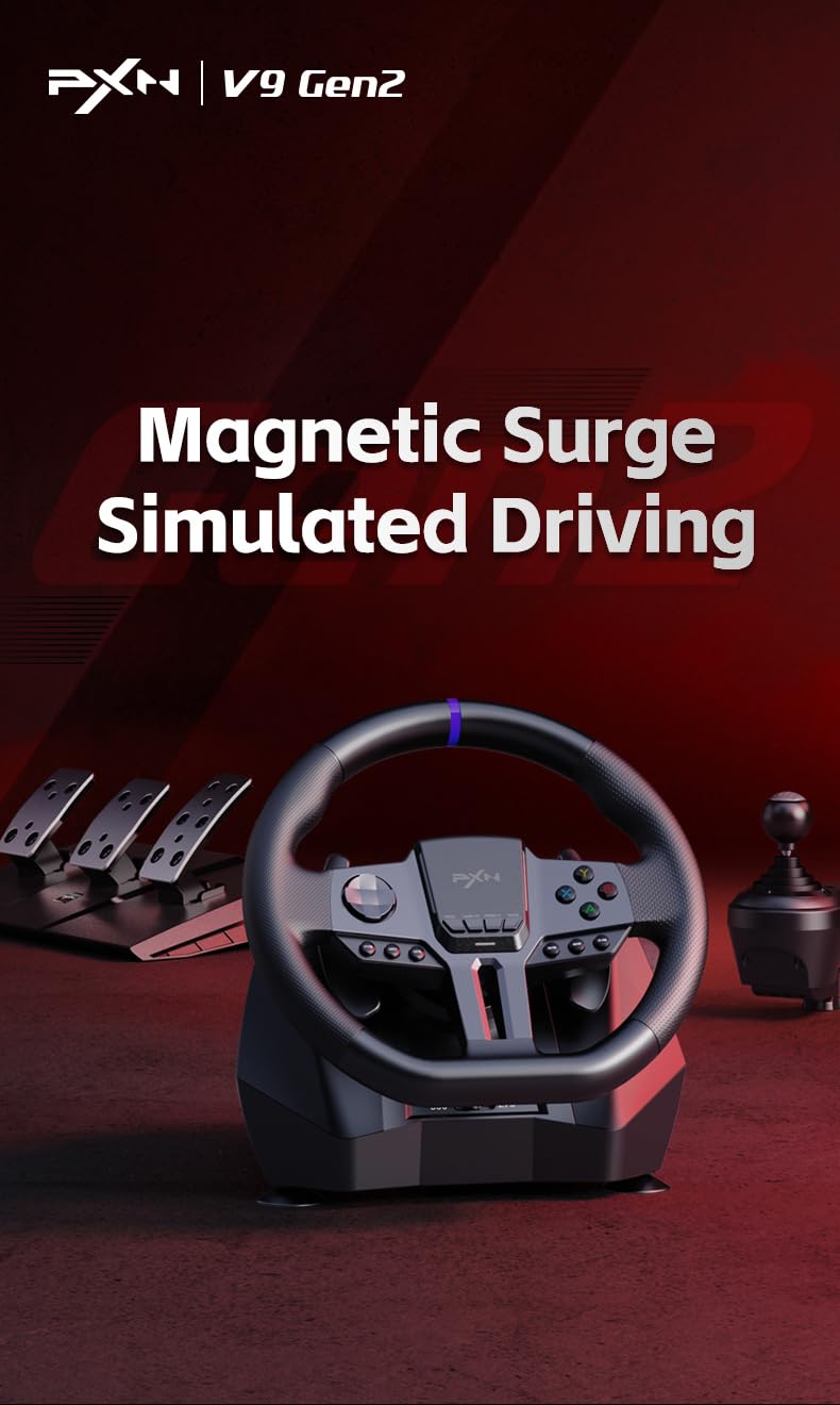 PXN V9 Gen2 Gaming Racing Wheel With magnetic Pedals and Shifter 270/900° Dual-Vibration Driver free, sim car Driving pc Steering Wheel for PC,PS4,PS3,Xbox one, Xbox Series X/S switch