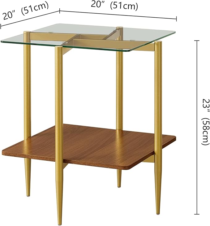 Pine Flicker Square Glass End Table, Mid-Century Modern Sofa Table, L20*W20*H23 inch for Living Room, 2-Tier Structure, Clear Glass Top and Walnut MDF Shelf, Sleek Conical Metal Legs with Gold Finish