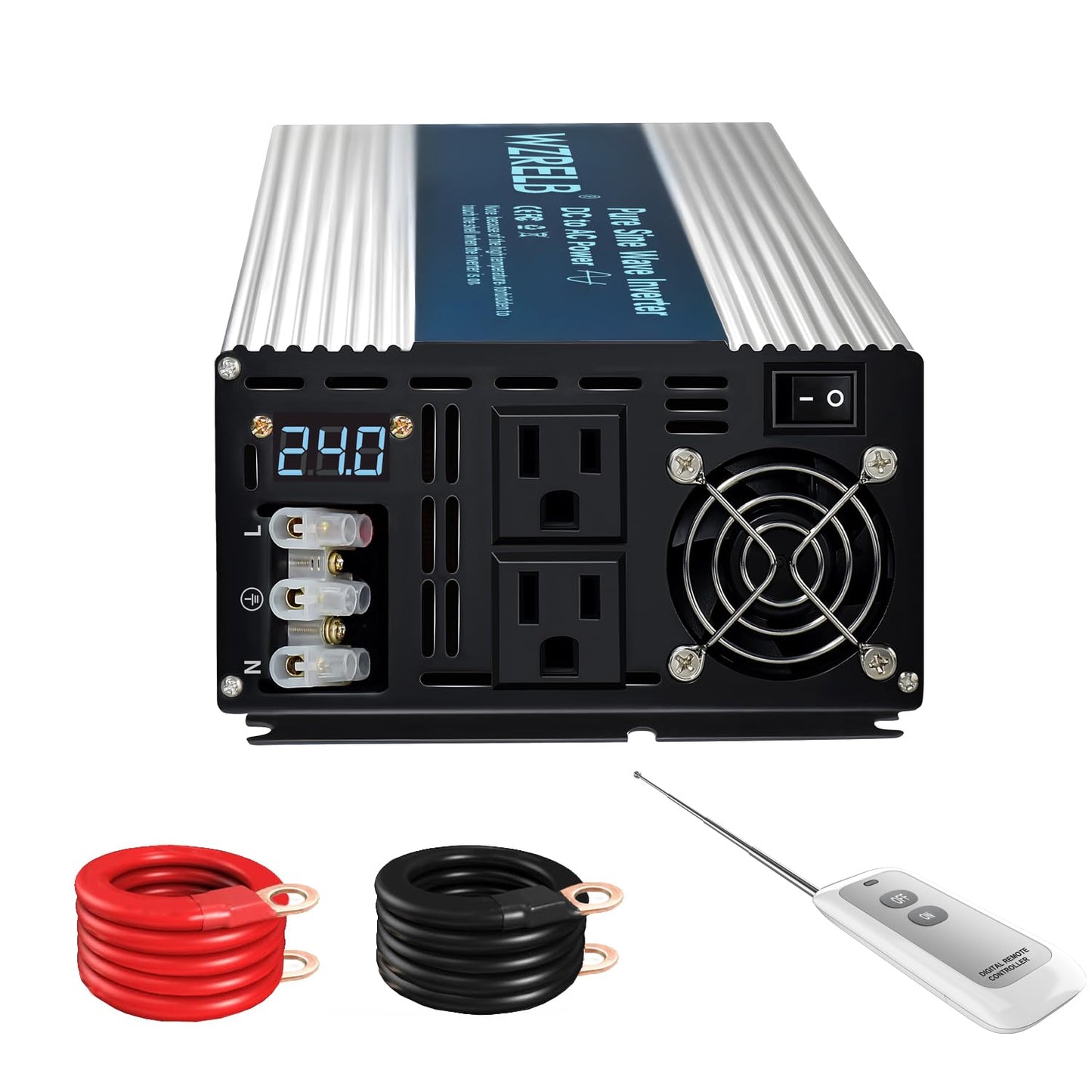 WZRELB 3000W Pure Sine Wave Inverter 24V DC to 110V 120V AC with LED Display,Remote Controller,Off-Grid Power Converter 6000W Surge with Dual AC Outlets, Hardwire Terminal for Home, RV, Truck, Camping