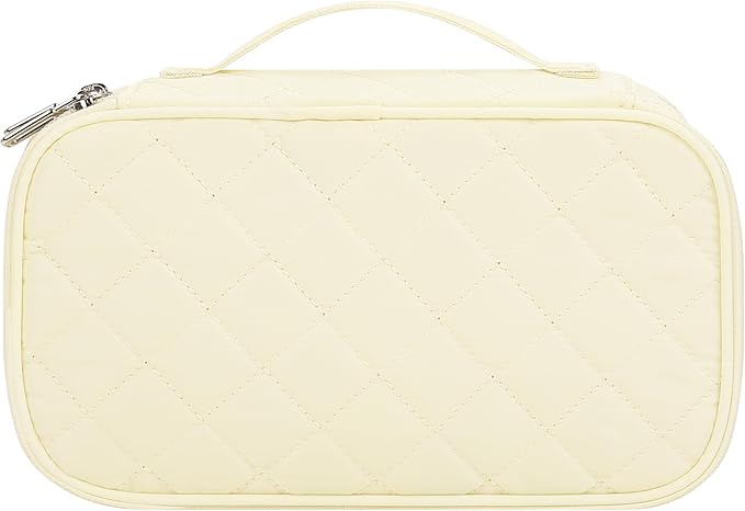 Relavel Travel Makeup Bag, Small Cosmetic Bag with Makeup Brush Compartment, Double Layer Makeup Organizer Bag, Portable Toiletry Bag Makeup Pouch for Women, White