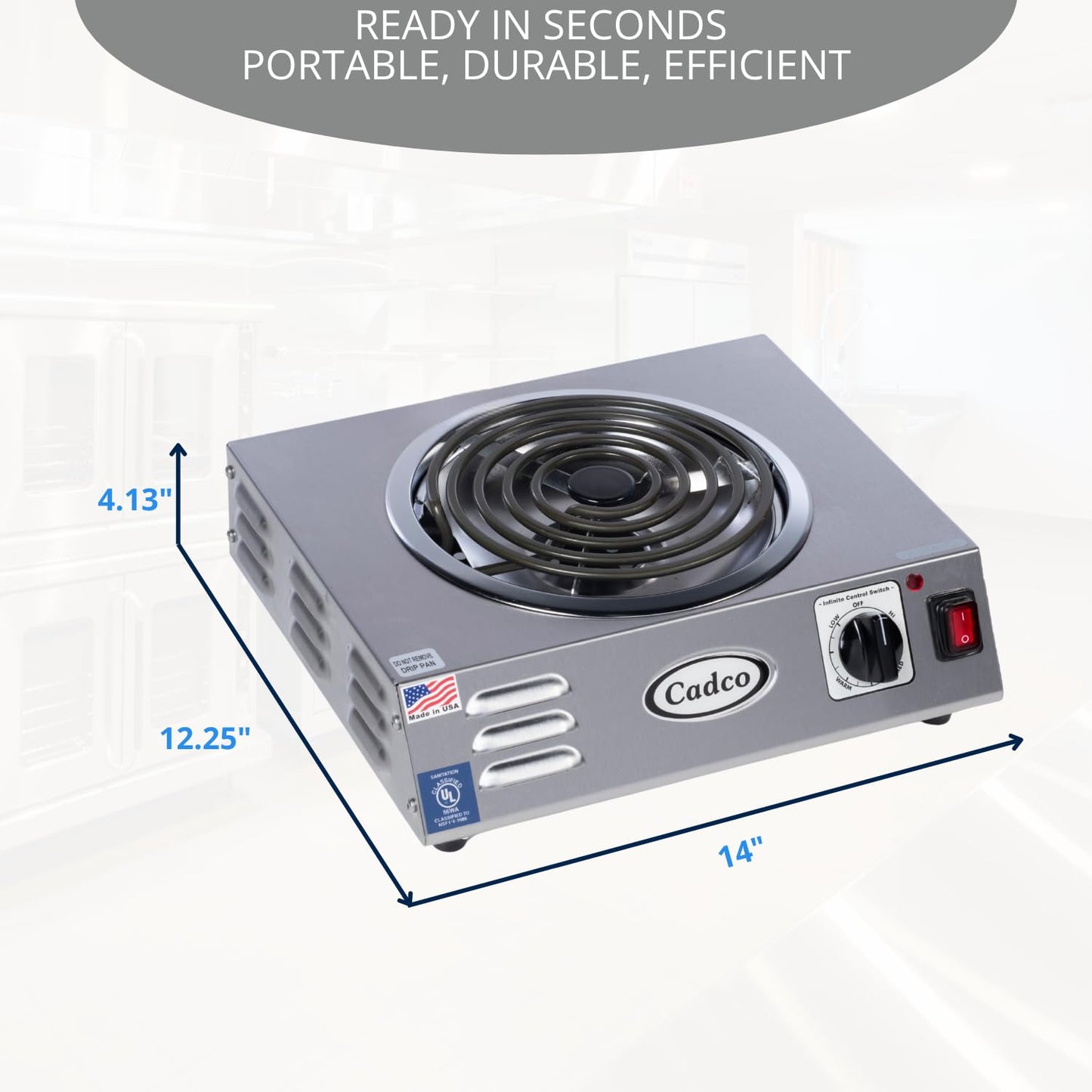 Cadco CSR-3T 14" Electric Portable Countertop Hi-Power Hot Plate w/One Tubular Burner for Restaurant Hotel Food Truck Concession Kiosk, Stainless Steel, 120v