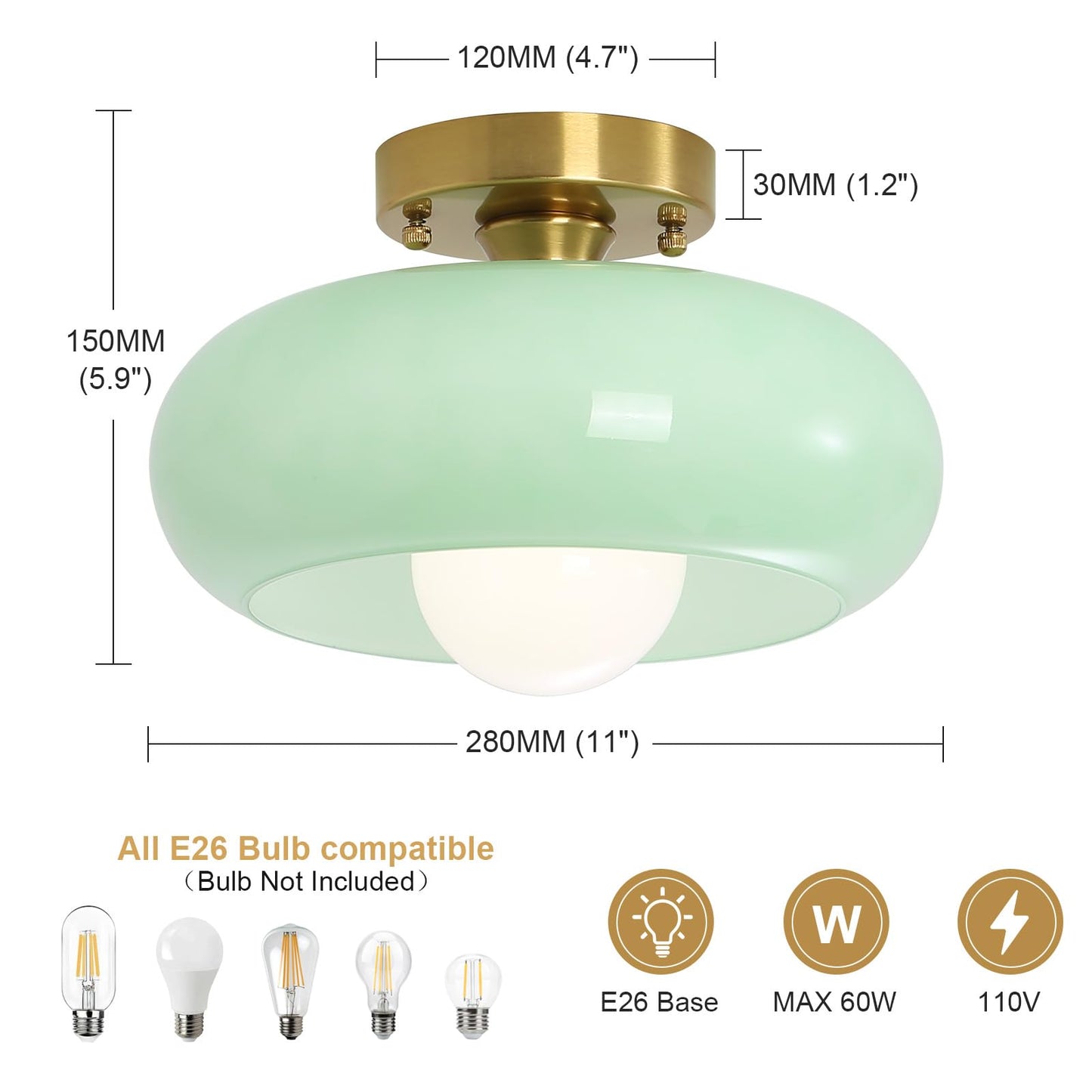 Yunnix Flush Mount Ceiling Light Hallway Light Fixtures Glass Light for Bedroom Kitchen Dining Room Hallway Globe Gold Base Light Green 11.02 inch