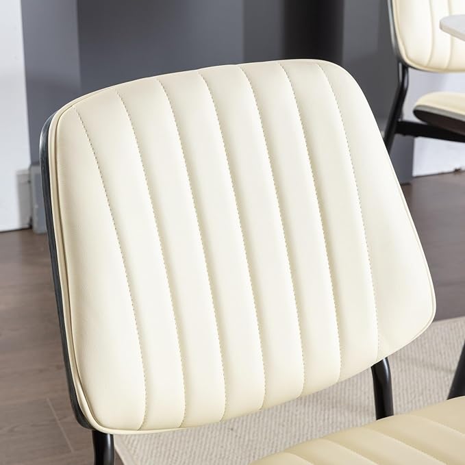 YaFiti Dining Chairs Set of 6, Mid Century Modern Accent Dining Room and Kitchen Chairs, Upholstered PU Leather Vertical Stripe Chairs for Vanity with Walnut Bentwood and Metal Legs, Beige