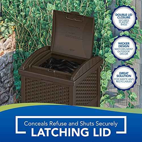 Suncast 33 Gallon Commercial Outdoor Trashcan Hideaway with Lid for 30 to 33 Gallon Trash Bags for Garage, Backyard, or Garden, Brown